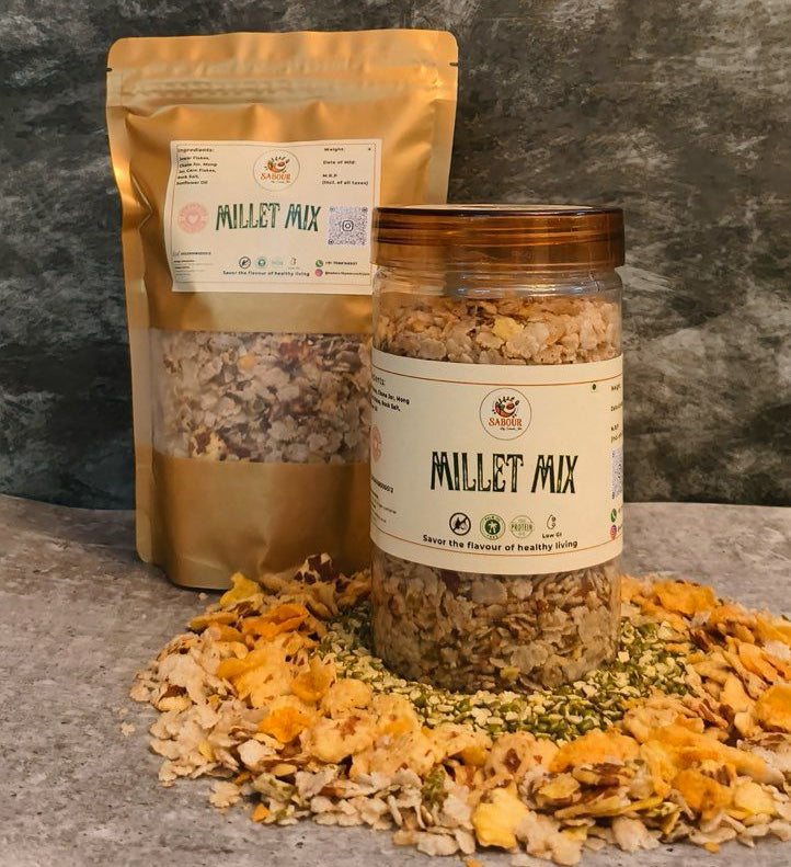 Millet Mix jar on a textured surface with a gray background
